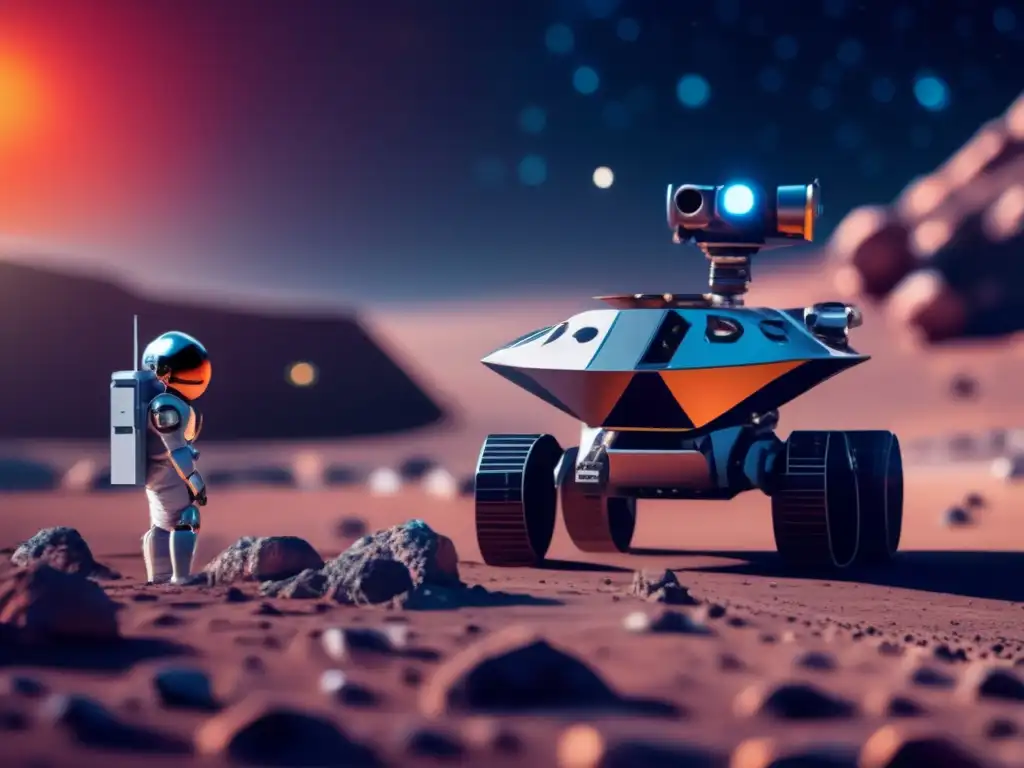 Exploración robótica en el espacio Exploración robótica en asteroides cercanos a la Tierra: robot futurista en un asteroide con el espacio de fondo