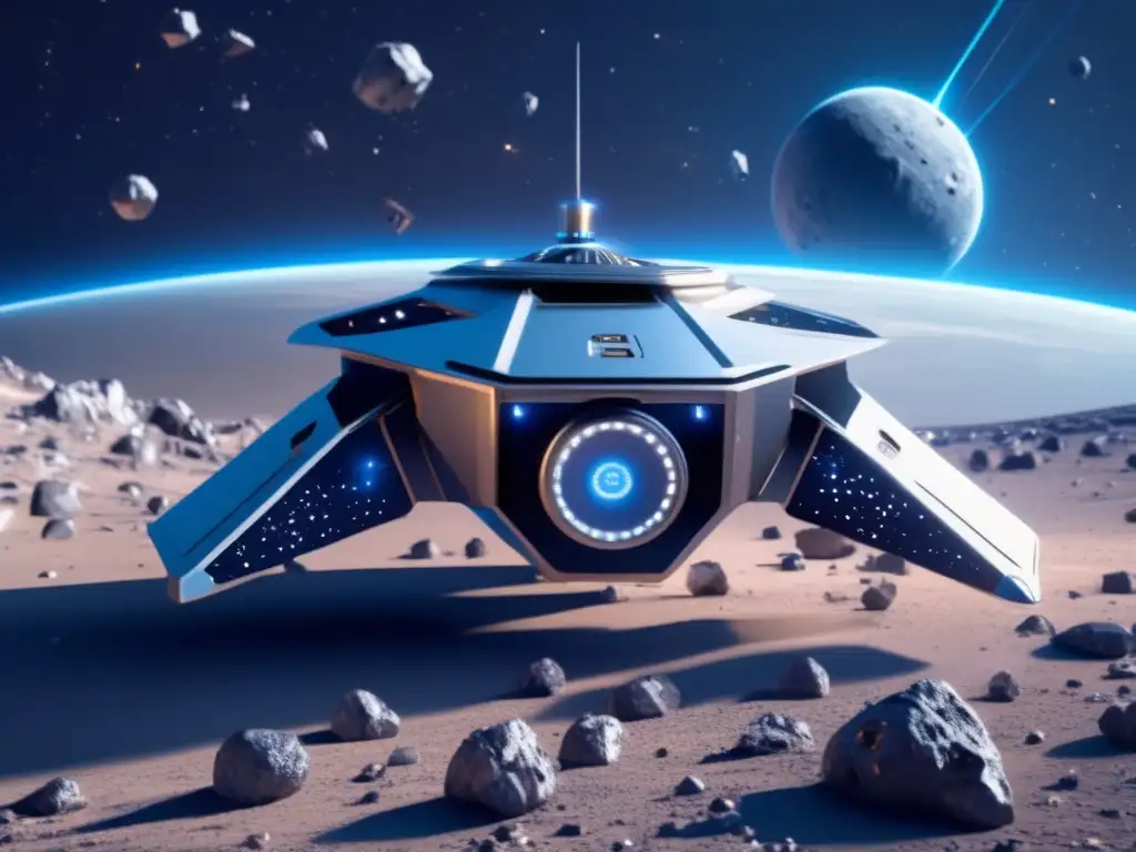 Exploración robótica en el espacio con asteroides Exploración robótica asteroides cercanos Tierra - Nave espacial futurista rodeada de asteroides en el espacio - Avance científico y tecnológico