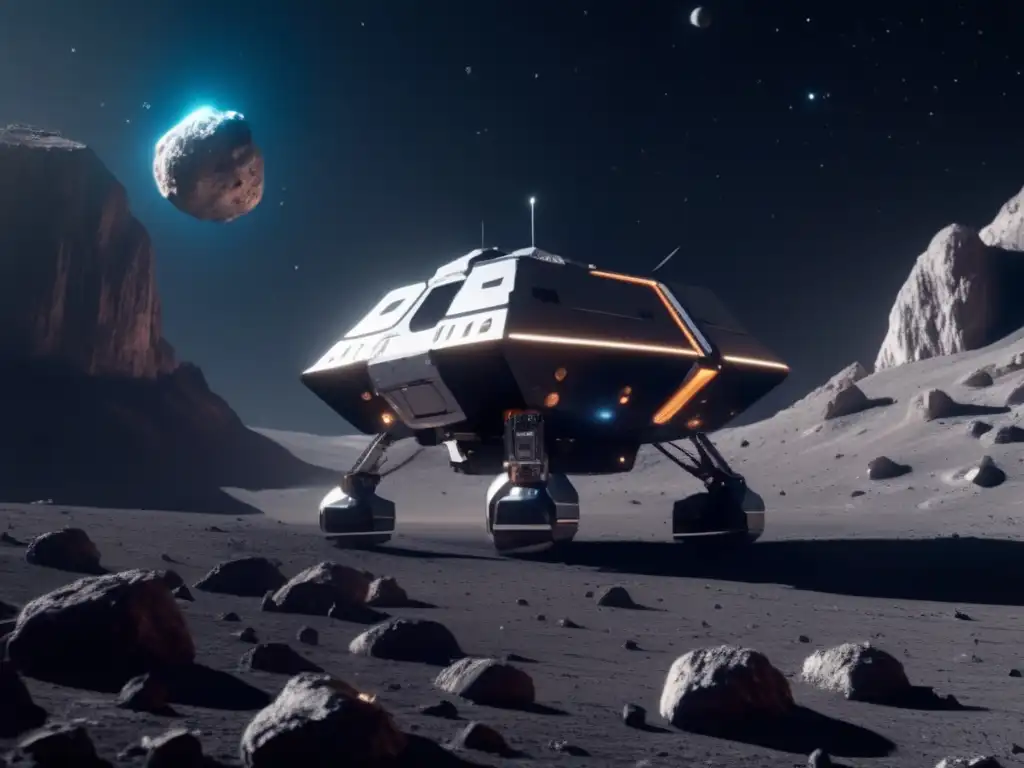 Robótica explorando asteroide en el espacio Exploración robótica de asteroides cercanos a la Tierra: nave espacial futurista en un asteroide, con brazos robóticos realizando diversas tareas