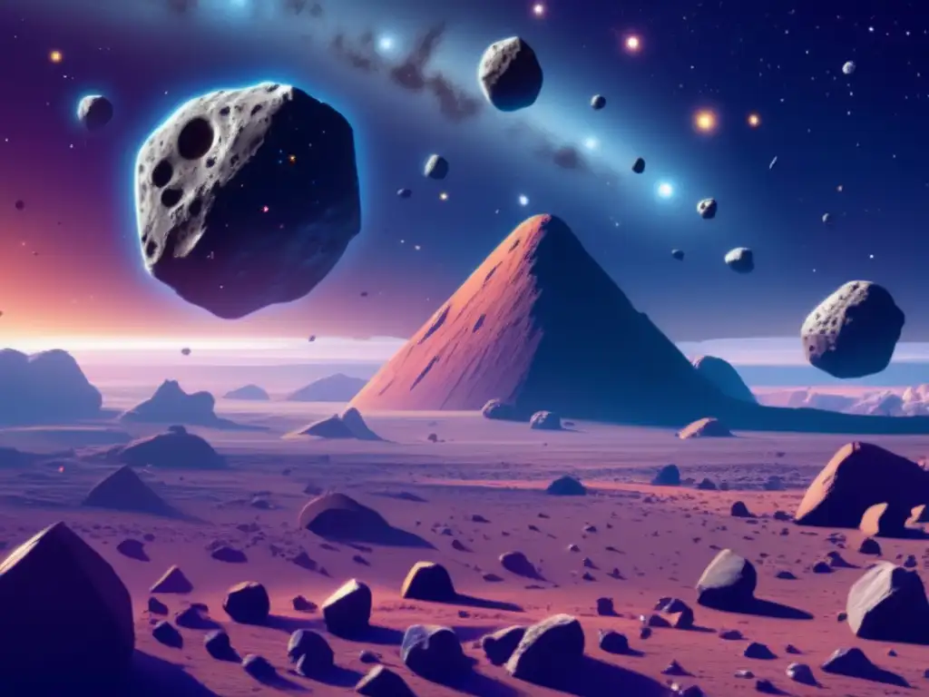Asombrosa representación de un campo de asteroides en el espacio Asteroides en la ciencia ficción: Impresionante imagen de campo de asteroides en el espacio, con colores vibrantes y nebulosa cósmica