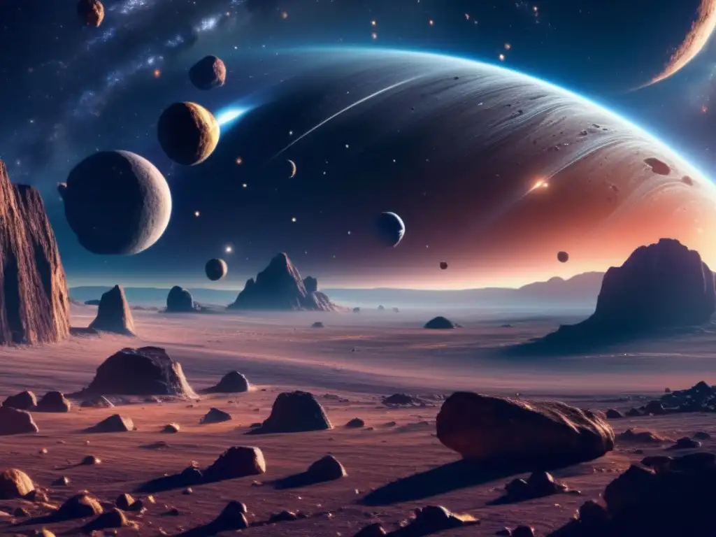 Asteroid belt: recursos y desafíos Asteroides en cinturón espacial con nave minera futurista - Legislación internacional propiedad asteroides