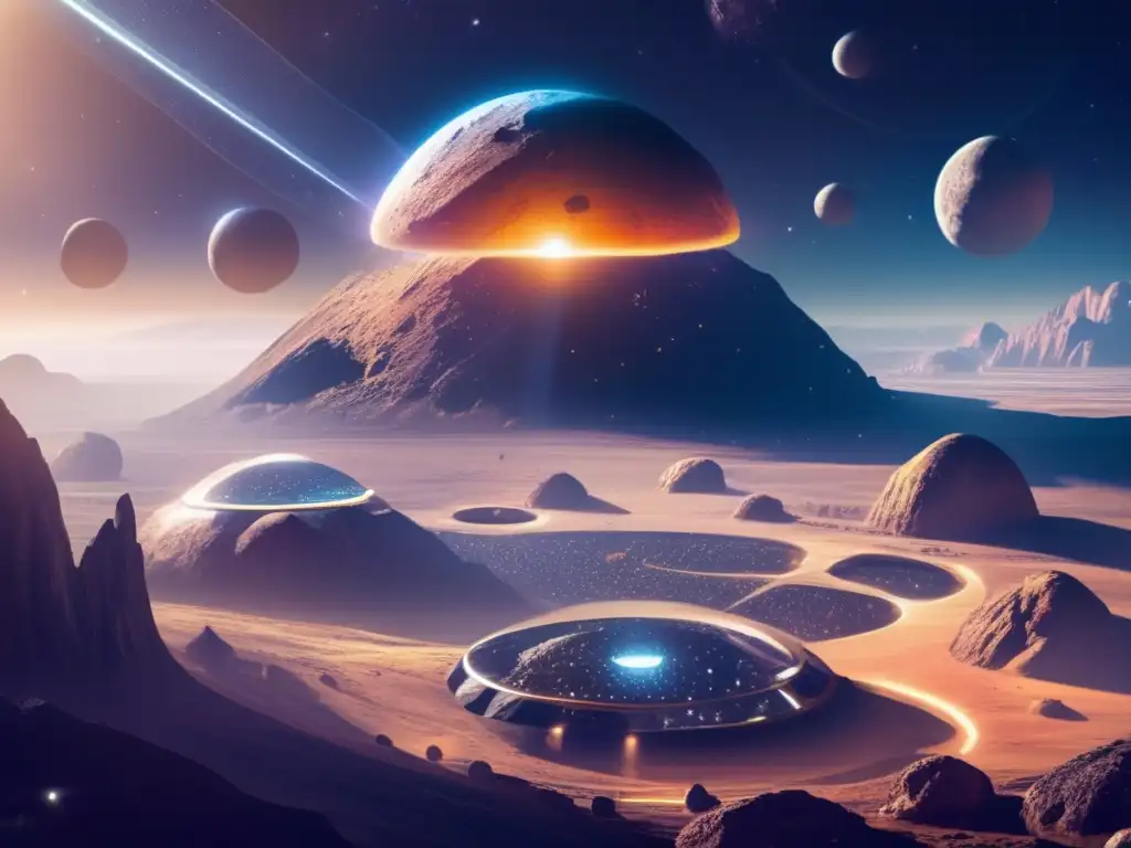Asteroides como colonias espaciales rodeadas de domos futuristas y conectadas por puentes metálicos