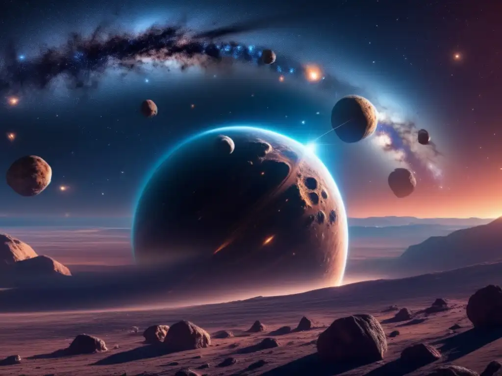Ética en la explotación de asteroides Exploración ética de asteroides: colosal asteroide rodeado de naves espaciales en un cosmos 8k ultra detallado