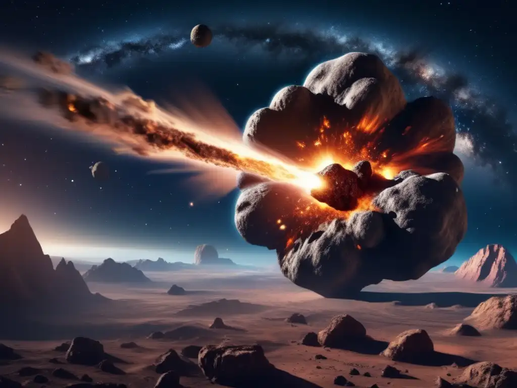 Colisión catastrófica: asteroide hacia la Tierra Formación planetas con asteroides: Colosal asteroide se acerca a la Tierra, creando impacto catastrófico