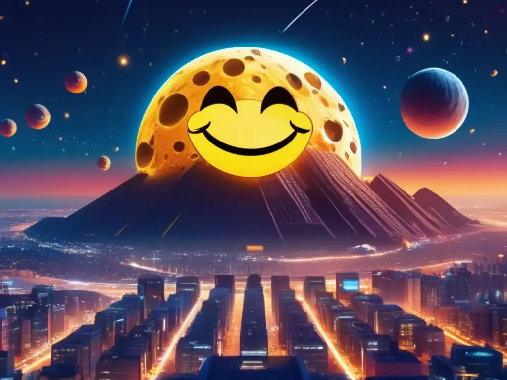Ciudad alegre con asteroide sonriente Asteroides en la Comedia: Lado Humorístico de Meteoritos