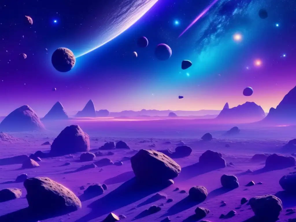 Espectacular imagen del espacio con asteroides y nave láser Exploración asteroides: corte y análisis espacial con láser