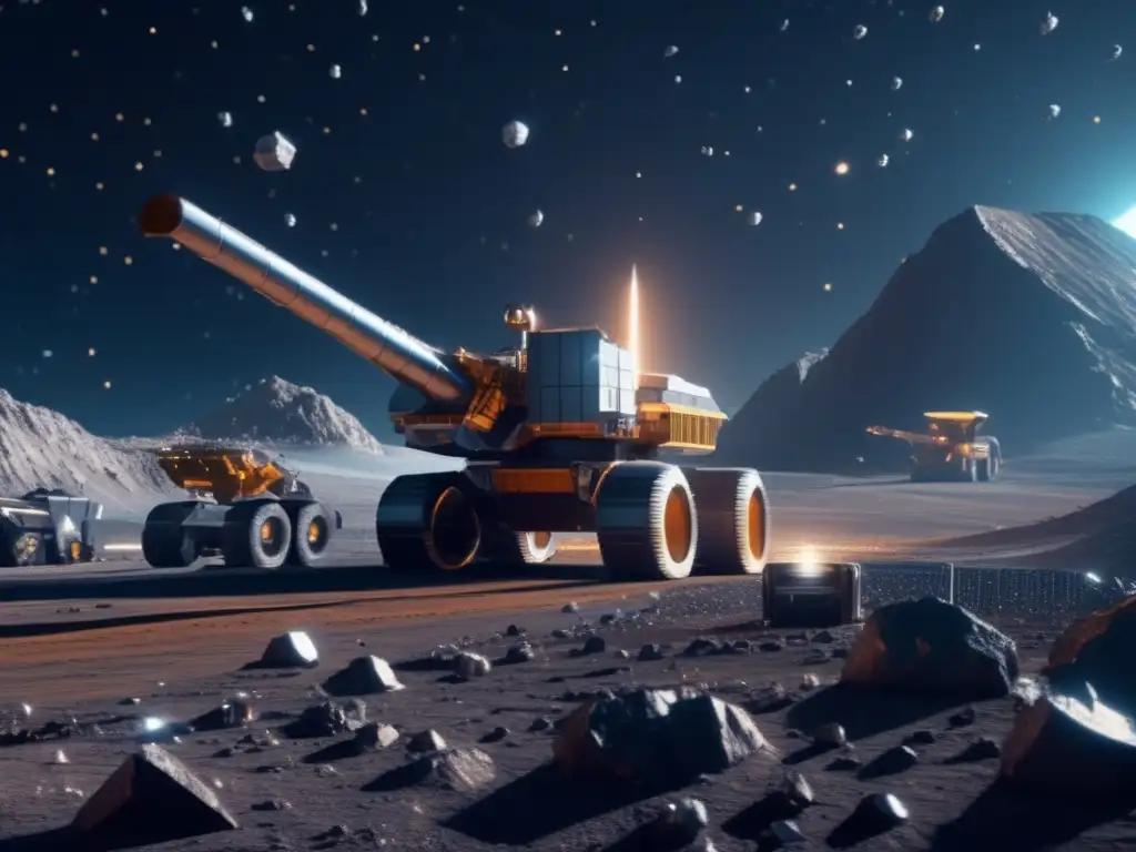 Futuro de la minería espacial Asteroides en curso de colisión: Operación minera futurista en asteroide con maquinaria avanzada y astronautas en trajes espaciales tecnológicos
