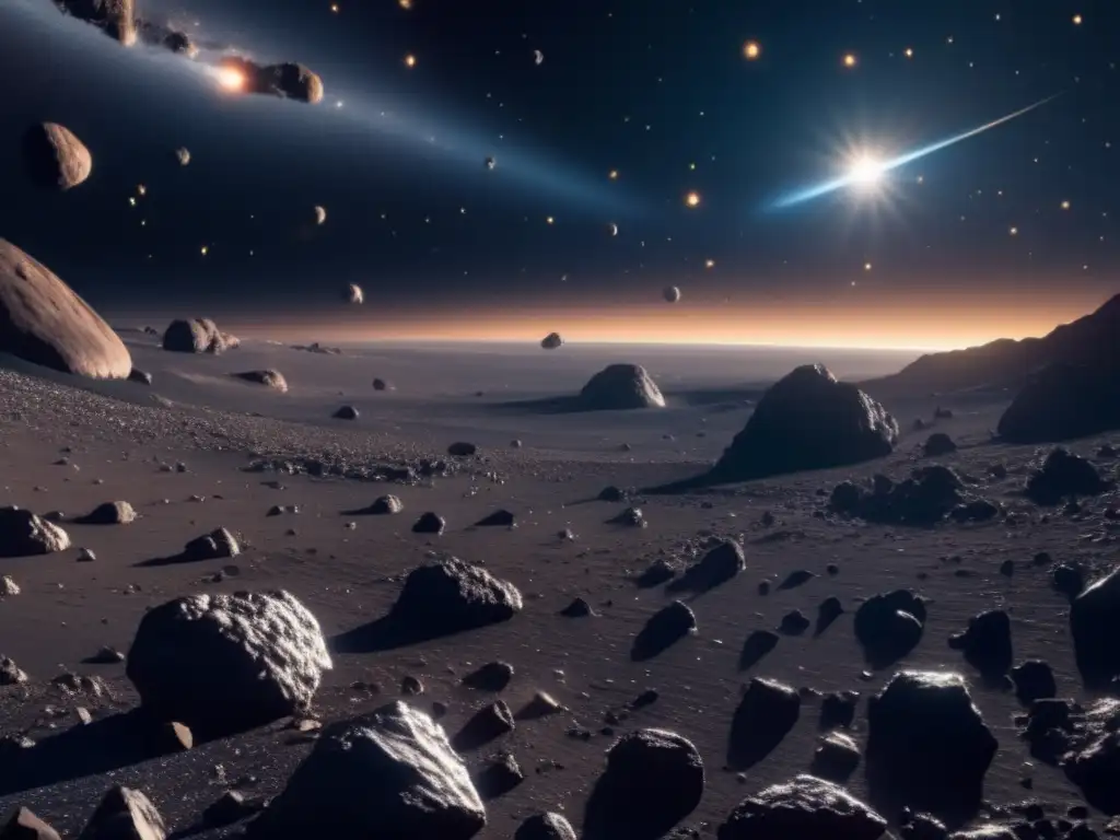 Impresionante campo de asteroides Asteroides Damocloides en el universo: Awe-inspirando imagen 8k de un campo de asteroides en el sistema solar, con diversos tamaños y formas