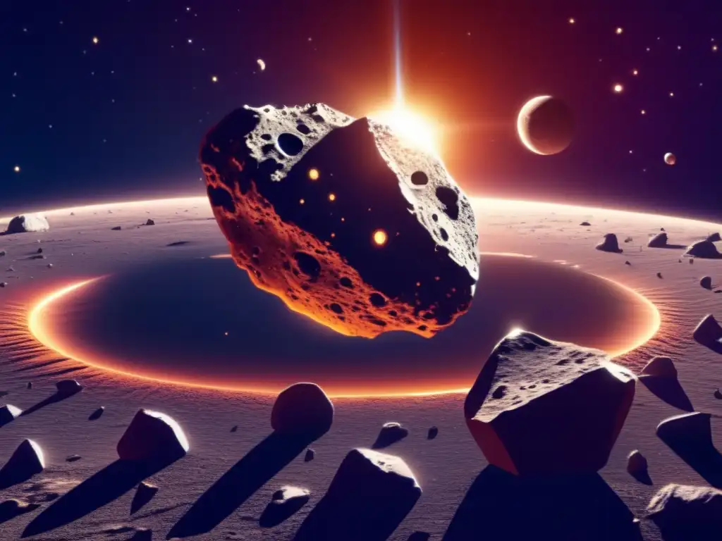 Asteroide en el espacio con cráteres y órbita Asteroides Damocloides en el universo: imagen detallada de un asteroide con forma irregular, cubierto de cráteres y rocas, brillando en el espacio junto al sol