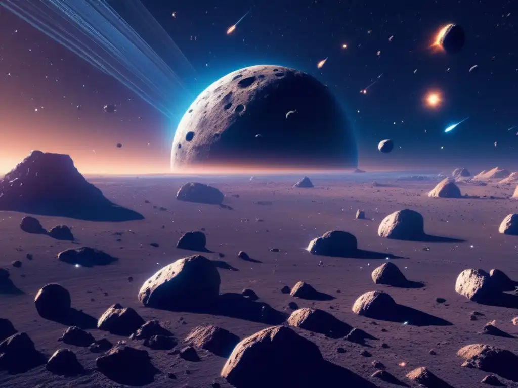 Campo de asteroides con nave espacial y tecnología avanzada Exploración asteroides: desafíos y promesas de la biotecnología