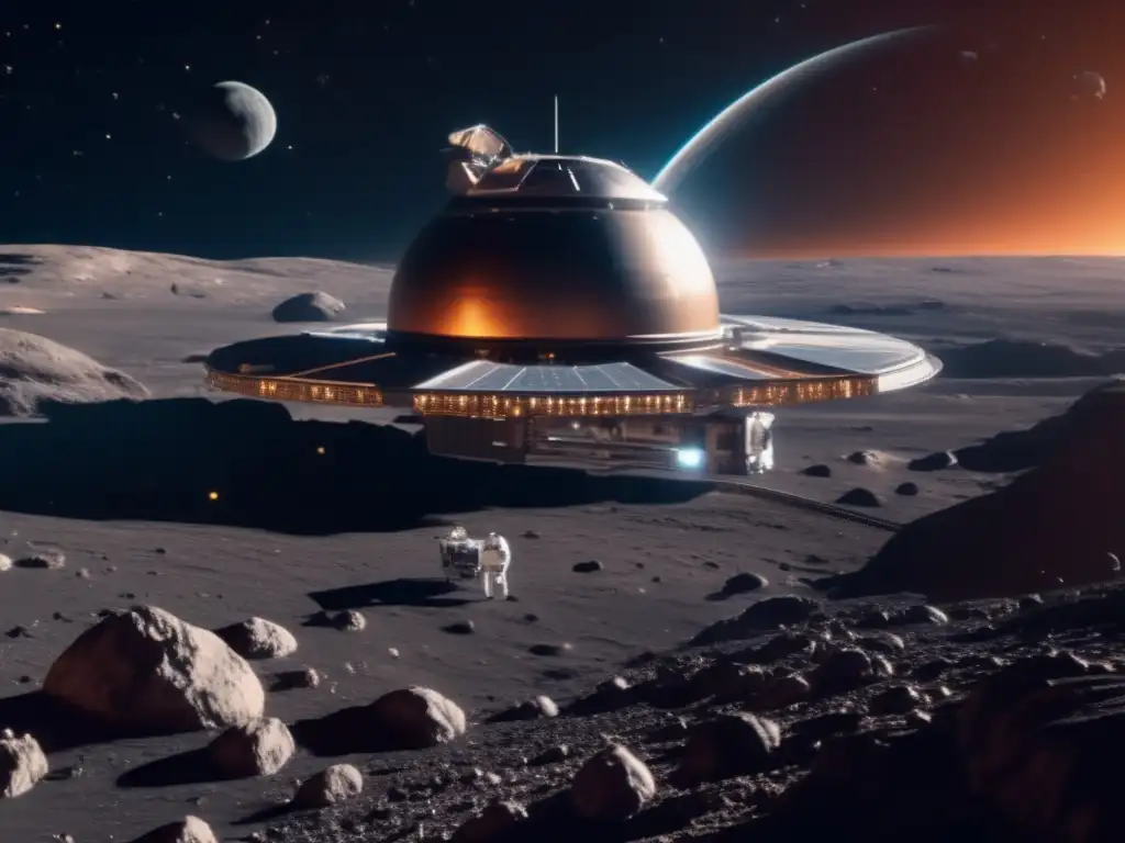 Futurista estación espacial en asteroide Exploración asteroides: desafíos y promesas de la biotecnología