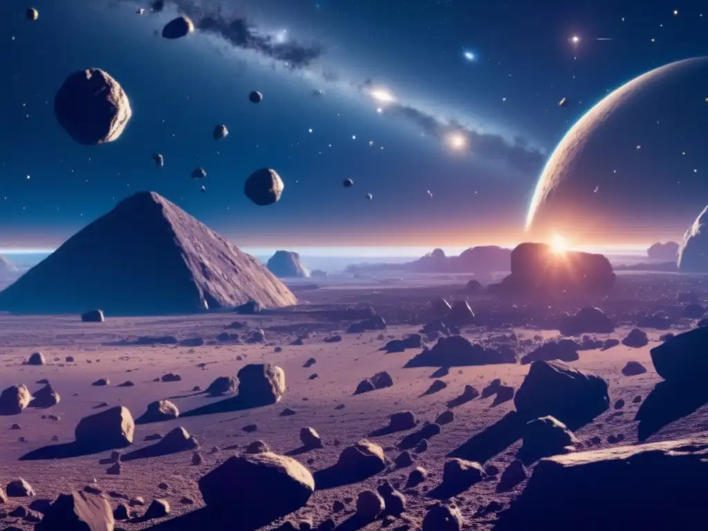 Campo de asteroides: belleza y recursos Asteroides y dioses del Olimpo: Un campo de asteroides se extiende en el espacio, con una nave espacial y escaneo de minerales