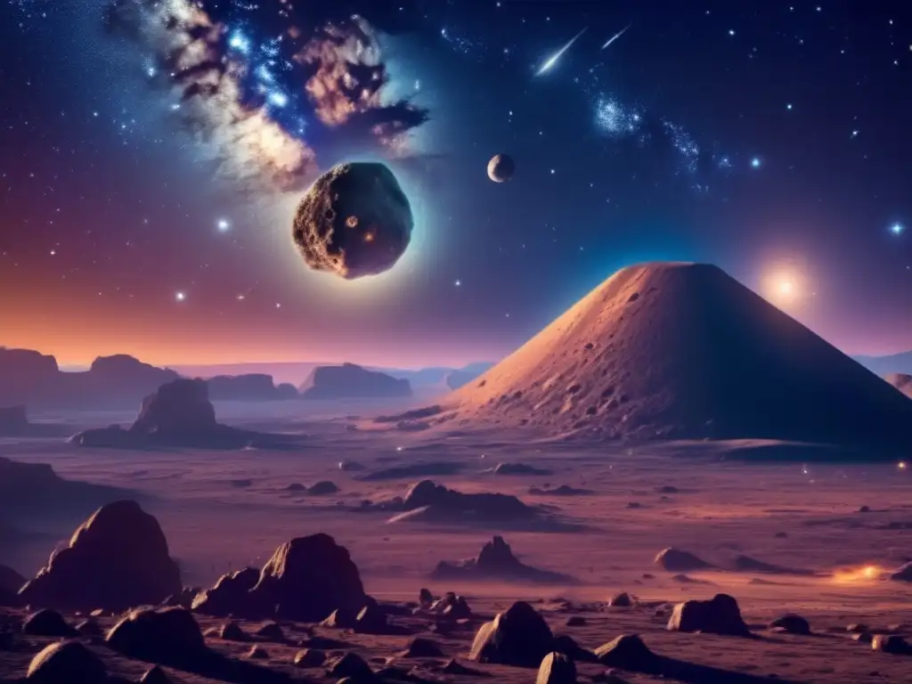 Esplendor astral y misterio cósmico Asteroides y dioses del Olimpo: Una escena celestial se despliega ante nuestros ojos, con un asteroide colosal y naves espaciales de alta tecnología