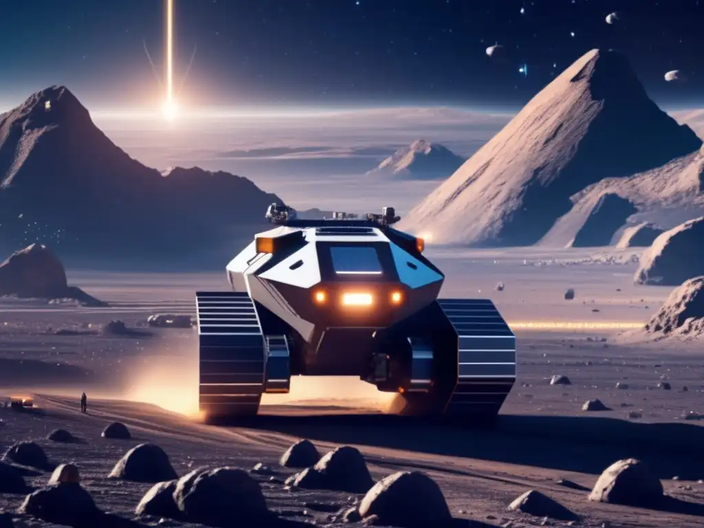 Futuro de la minería espacial en un asteroide Exploración ética de asteroides en entorno futurista