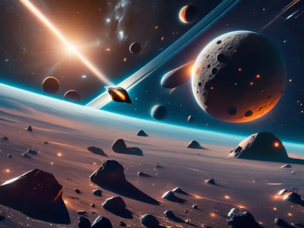 Exploración de asteroides: nave espacial y detalle del asteroide Exploración y explotación de asteroides en el espacio: 8K imagen detallada con nave espacial futurista, asteroides y paisaje cósmico brillante