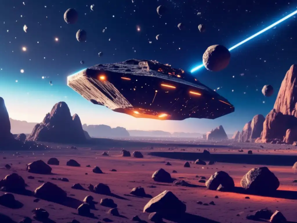 Asteroides flotan en el espacio mientras nave espacial extrae recursos: Rentabilidad explotación recursos asteroidales