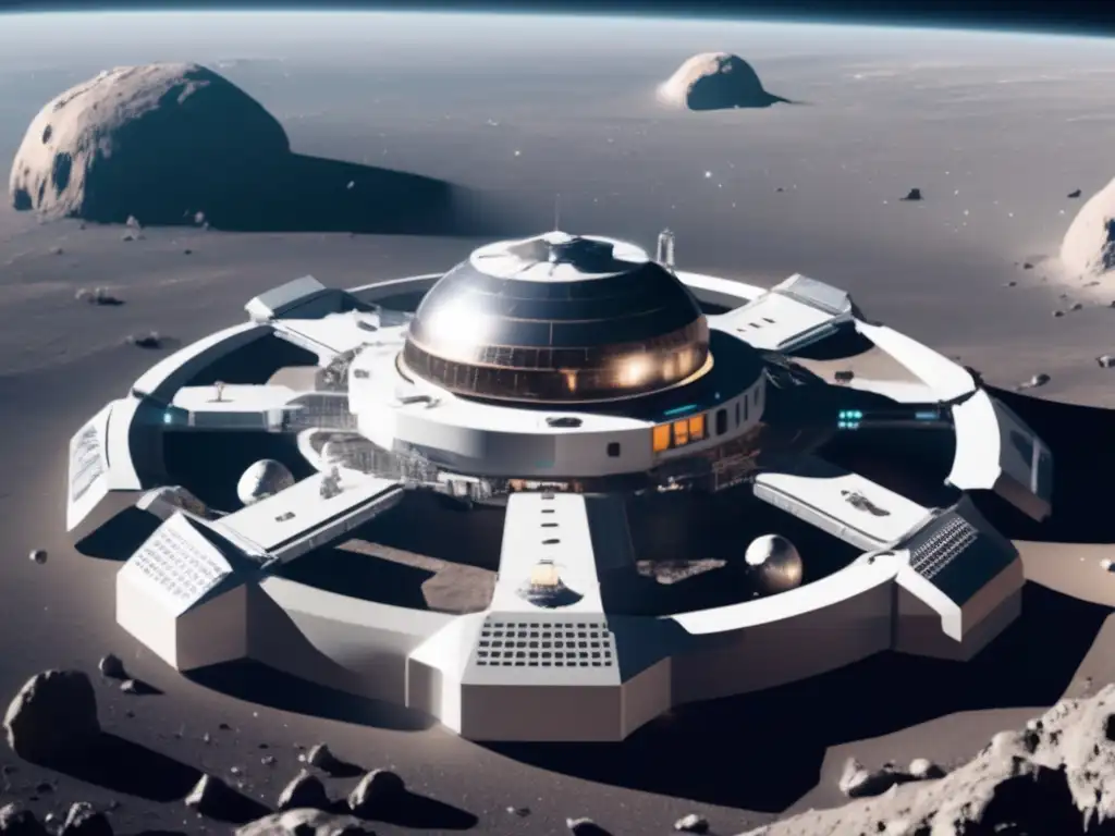 Estación espacial futurista en asteroide Asteroides: Estaciones hacia Marte en un espacio futurista con vista a la nave y Marte