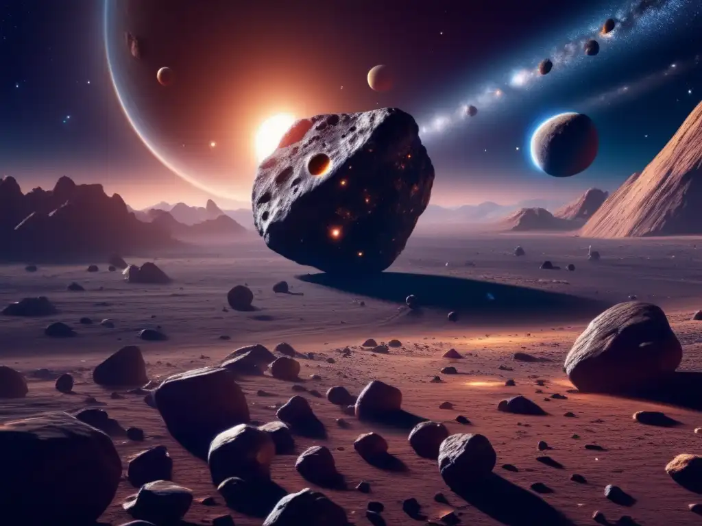 Misterioso asteroide rodeado de estrellas Asteroides como estaciones hacia Marte: imagen 8k detallada del espacio con asteroides y una galaxia espiral