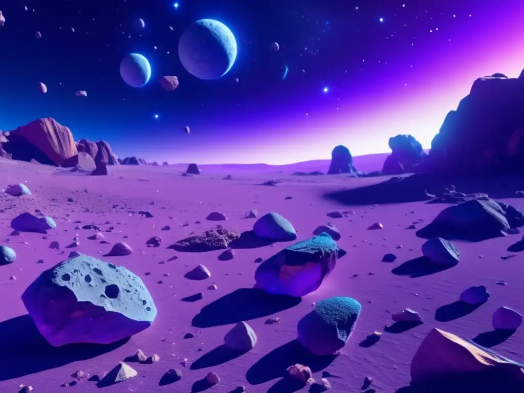 Espacio estelar con asteroides y minería Asteroides expulsados del sistema solar: Imagen detallada de espacio con asteroides flotando y reflejos metálicos