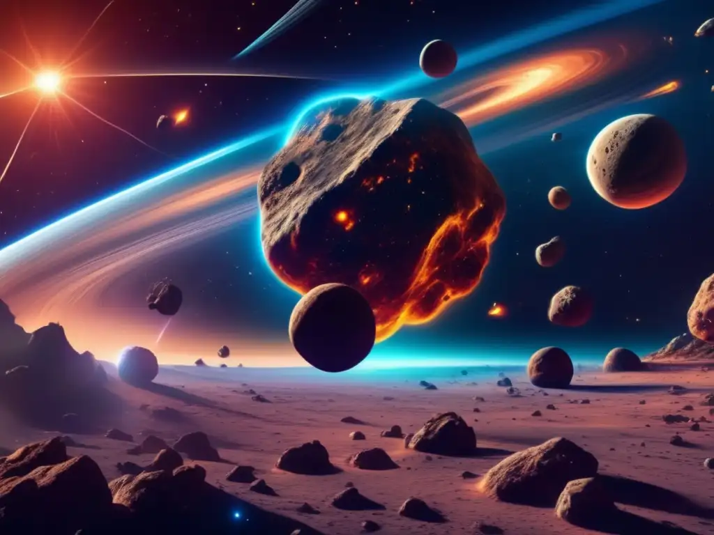 Espectacular expulsión de asteroides en el espacio Asteroides expulsados del sistema solar en imagen 8k detallada de espacio profundo