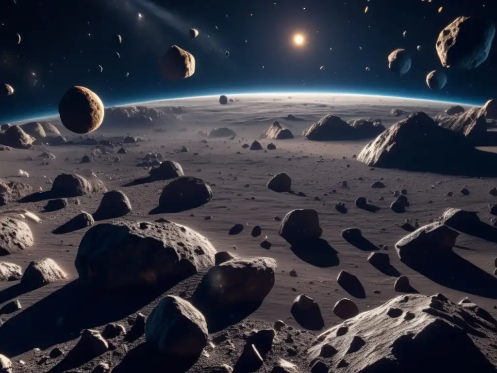 Asteroides flotando en el espacio Exploración ética de asteroides en un fascinante campo de asteroides 8k ultra detallado, con cuerpos celestes rocosos flotando en el espacio