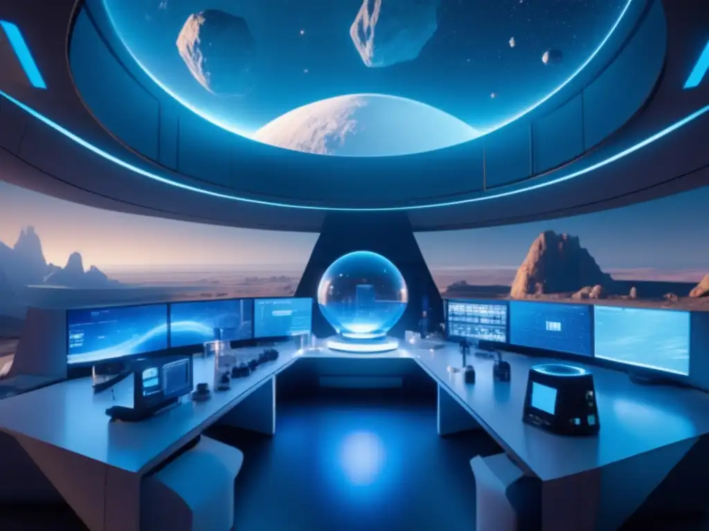 Asteroides como fuente de vacunas en un laboratorio futurista con científicos investigando y un asteroide radiante