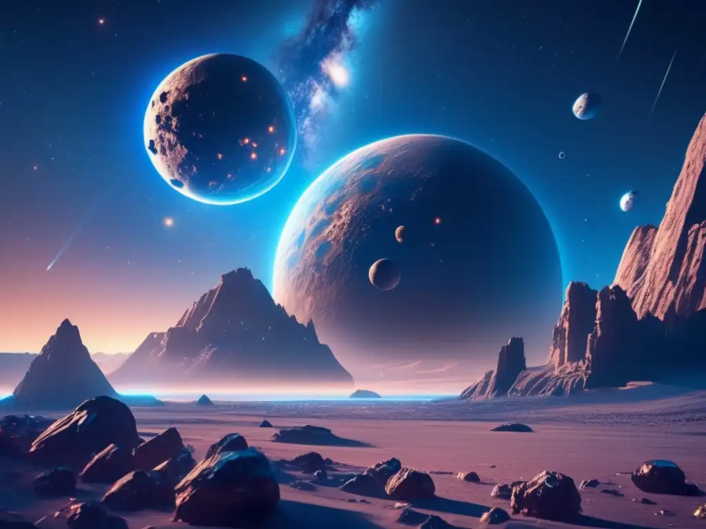 Captura de asteroide en el espacio Captura asteroides para futura seguridad: escena espacial futurista con asteroide, brazos robóticos y nave espacial moderna