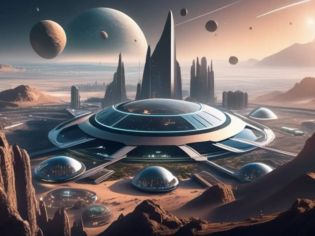Evolución biológica en asteroides: Futurista colonia asteroidal con infraestructura avanzada, actividad vibrante y minería espacial