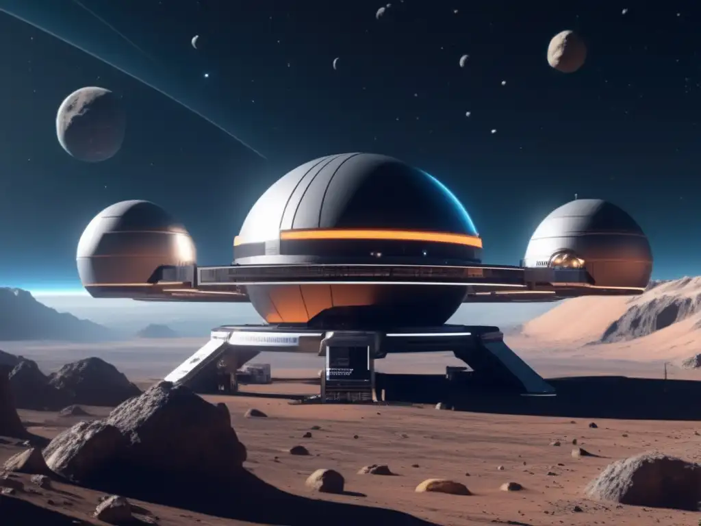 Estación espacial futurista y asteroide Exploración y explotación de asteroides: Futurista estación espacial junto a un asteroide en el espacio, con tecnología avanzada y recursos valiosos