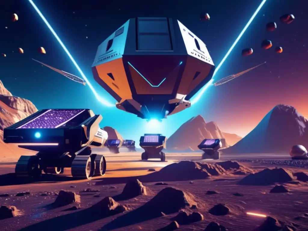 Futuro minero espacial en asteroide Exploración y explotación de asteroides: Futurista operación minera espacial, con gran complejidad tecnológica y potencial económico