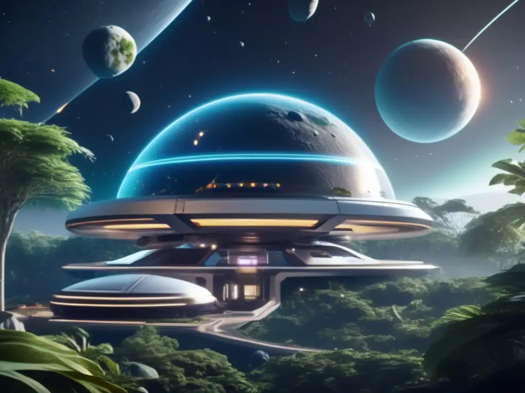 Estación espacial futurista en asteroide verde Terraformación de asteroides: futuro espacial, estación espacial orbitando asteroide con ecosistema verde y actividad humana