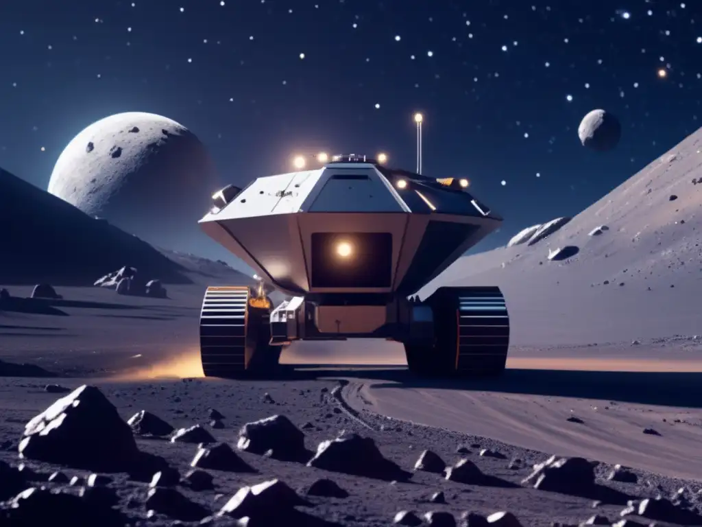 Minería espacial futurista Exploración y explotación de asteroides: Futuro minero espacial con maquinaria avanzada en un asteroide