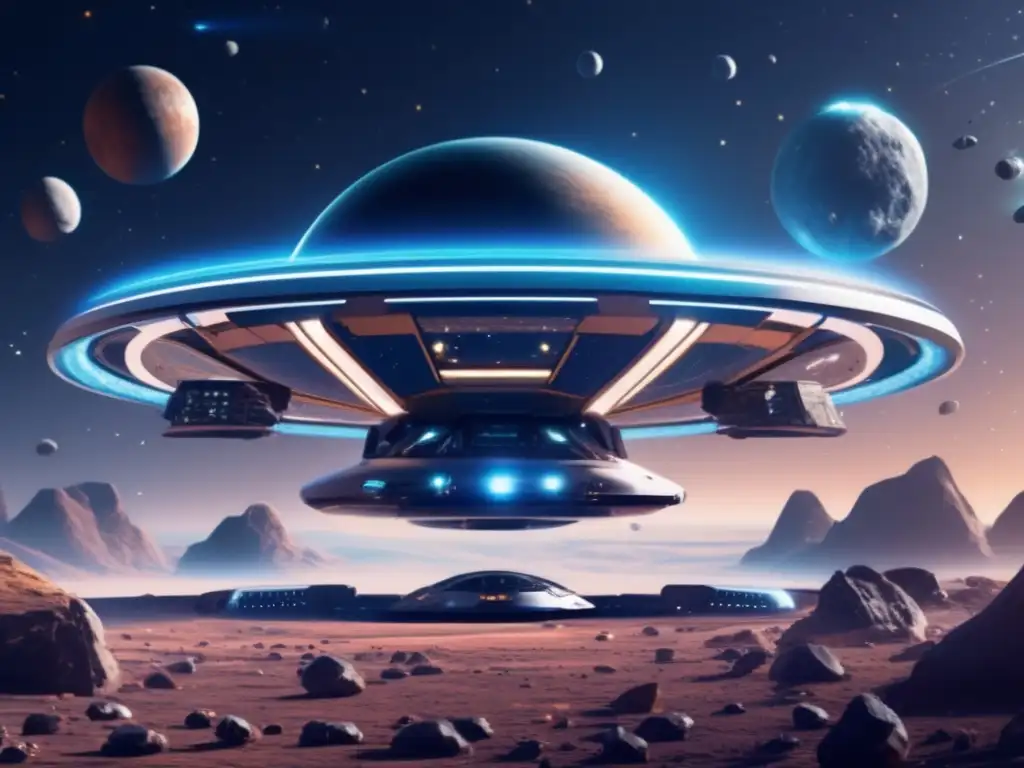 Estación espacial futurista rodeada de asteroides Legislación de asteroides: seguridad global vs