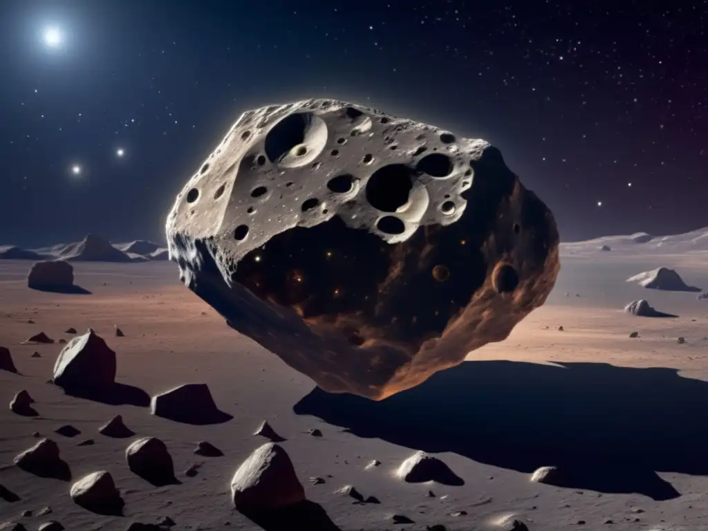 Asteroide irregular flotando en el espacio Exploración asteroides grandes deformes en el espacio: imagen impactante de un asteroide irregular con cráteres, bordes rugosos y superficie desigual
