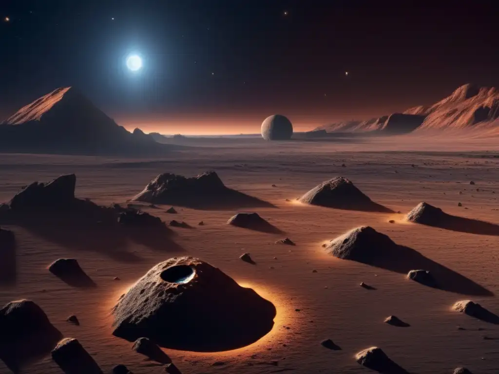 Paisaje alienígena con asteroide gigante Exploración asteroides grandes deformes - Paisaje alienígena con asteroide gigante, minerales y atmósfera futurista