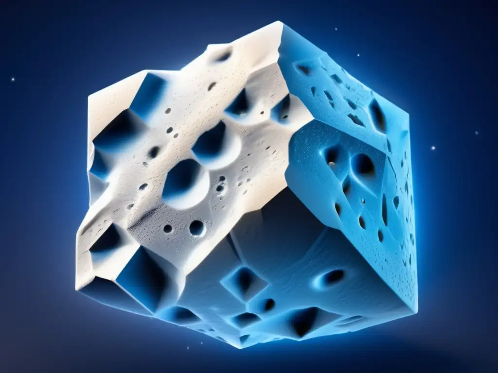 Asteroide de hielo: misterio y belleza Asteroides helados: enigmas y impacto - Un impresionante asteroide de hielo en el espacio, con patrones geométricos y una misteriosa belleza azul