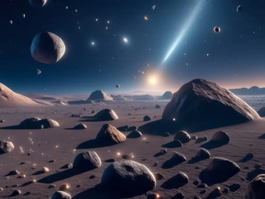 Expanse espacial con asteroides translúcidos y brillantes Asteroides helados: enigmas y impacto en el vasto espacio estelar lleno de brillo y transparencia