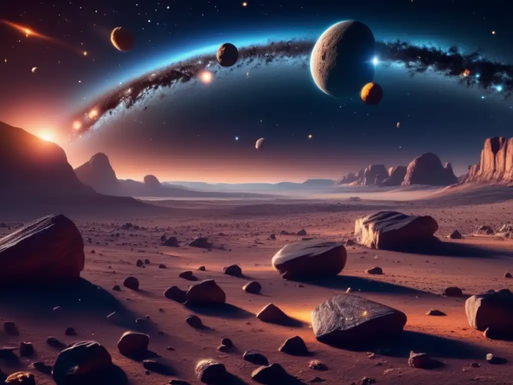 Paisaje cósmico con asteroides y planeta Asteroides en la evolución humana: paisaje cósmico 8K detallado con asteroides, planeta y anillos, revelando la belleza del universo