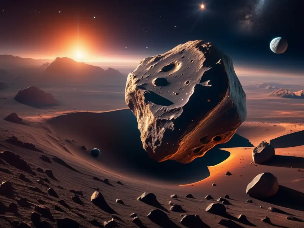 Asteroide iluminado destaca en el espacio Exploración y explotación de asteroides: Imagen impactante de un asteroide rodeado de estrellas, con una nave espacial futurista acercándose