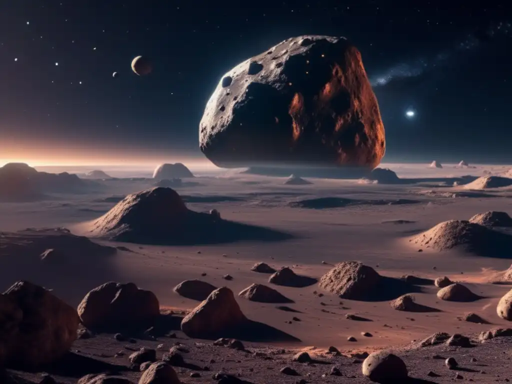Asteroide flotando en el espacio, rodeado por el cosmos Exploración y explotación de asteroides: Imagen impactante de un asteroide flotando en el espacio rodeado de la inmensidad cósmica