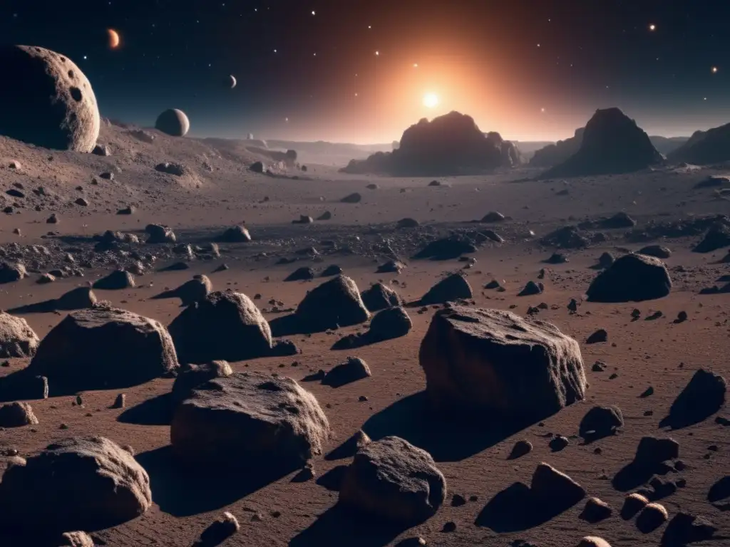 Impresionante campo de asteroides Exploración ética de asteroides: Imagen impactante de campo de asteroides 8k ultra detallada, con cuerpos rocosos suspendidos en el espacio