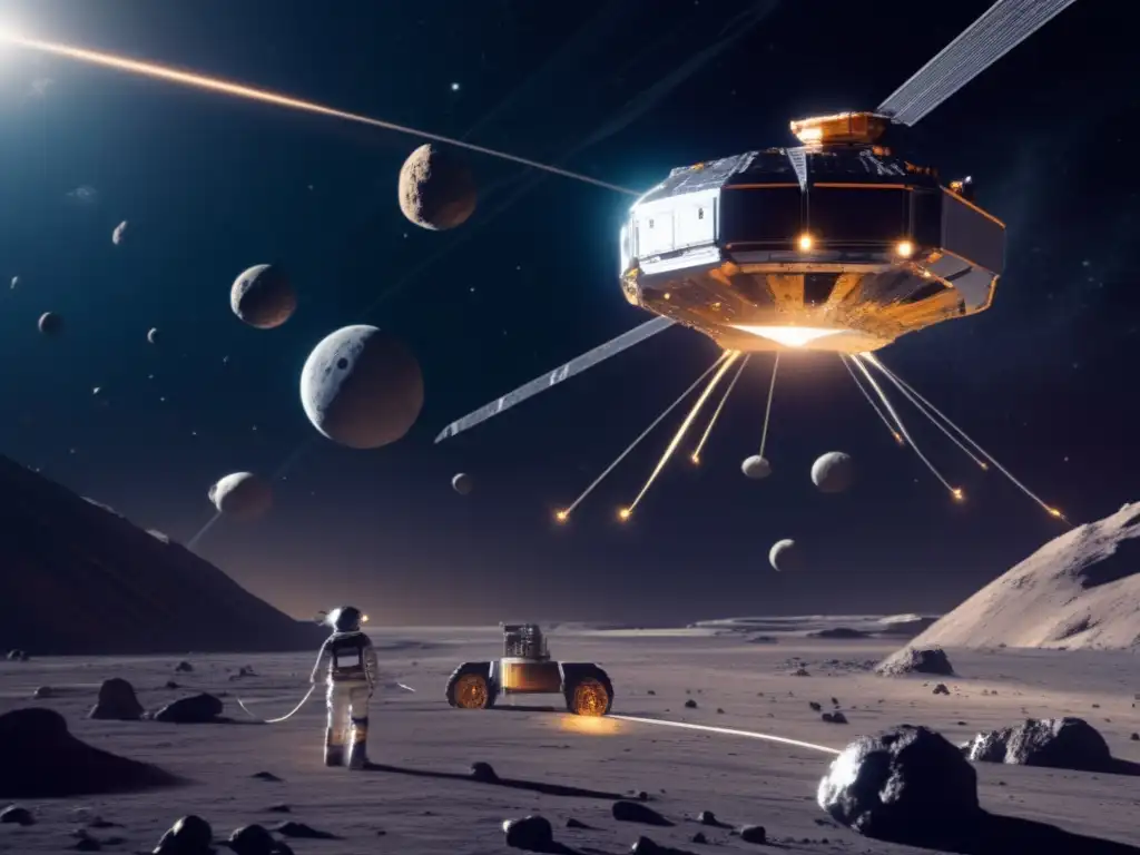 Minería espacial futurista en asteroide Desviando asteroides para proteger: una imagen impactante muestra una operación futurista de minería espacial en un asteroide