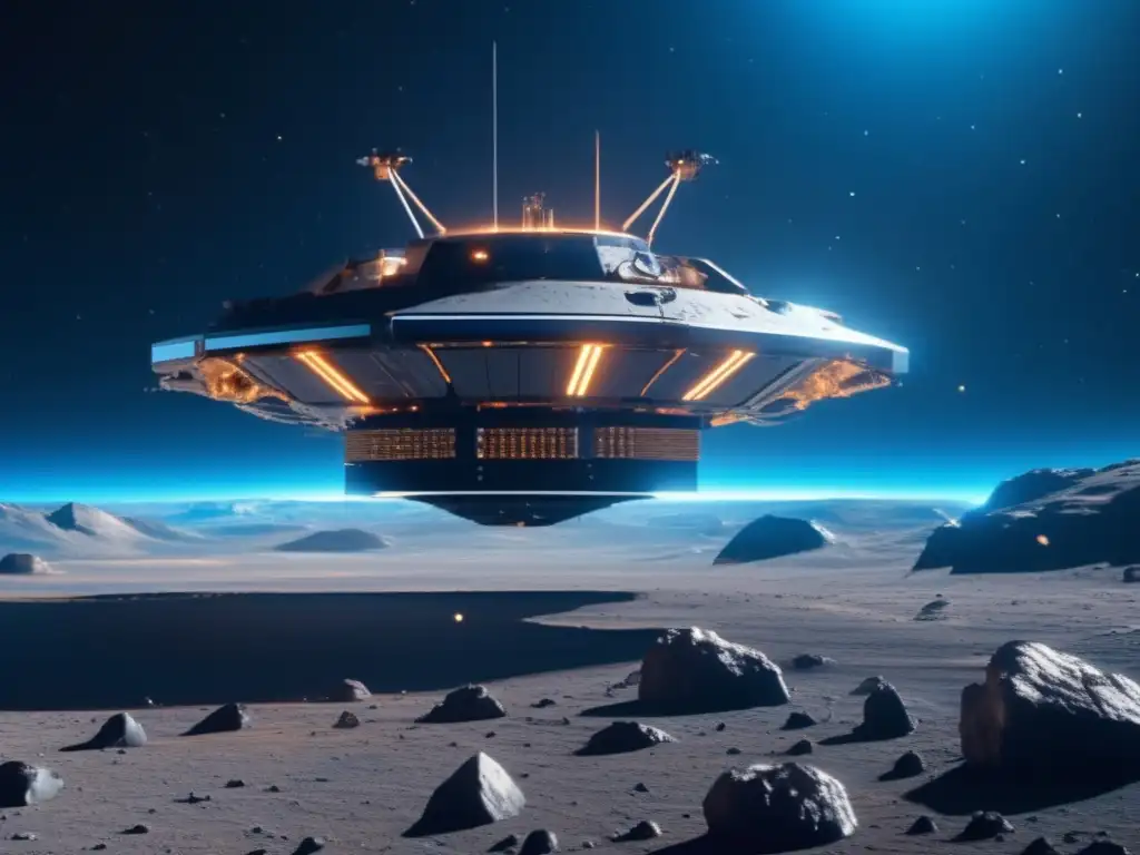 Automatización y IA en asteroides: imagen impactante de sonda espacial futurista sobre asteroide, con sensores y brazos robóticos
