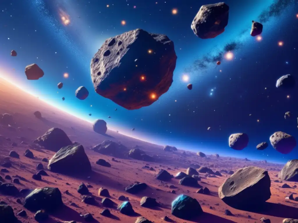 Fascinante campo de asteroides, belleza infinita Asteroides redescubiertos: Una imagen impresionante de un campo de asteroides vasto y cautivador, con una variedad de tamaños, formas y colores