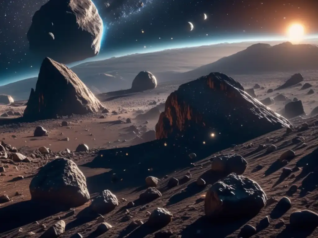 Impresionante campo de asteroides en 8k Exploración ética de asteroides: imagen impresionante de un campo vasto de asteroides en el cosmos estrellado