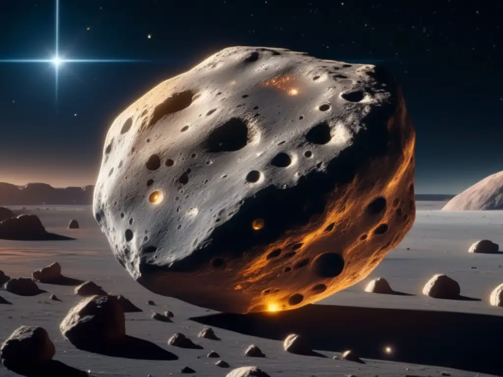 Impresionante asteroide en el espacio Exploración y explotación de asteroides en una imagen impresionante de 8k, mostrando una roca espacial con recursos valiosos y naves futuristas