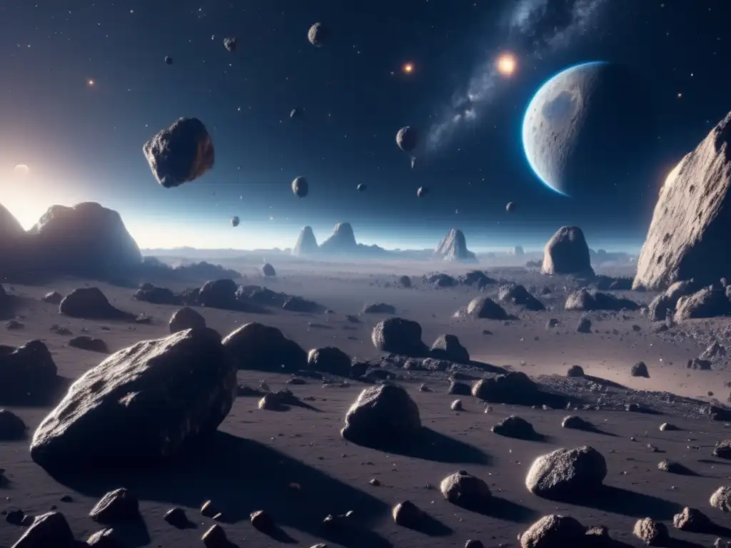 Impresionante campo de asteroides Asteroides: Imagen 8k impresionante de un vasto campo de asteroides, con detalles ultra detallados y bañados por una suave y etérea luz