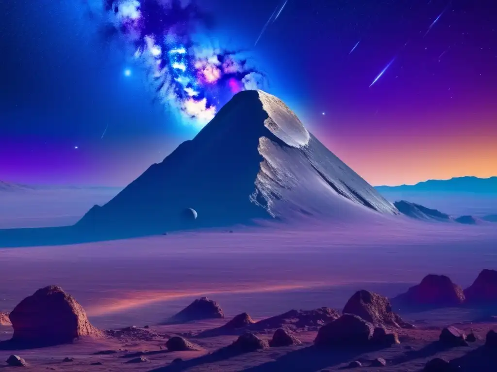 Exploración y explotación de asteroides en una imagen 8k ultradetallada del cosmos, con un asteroide colosal y naves futuristas