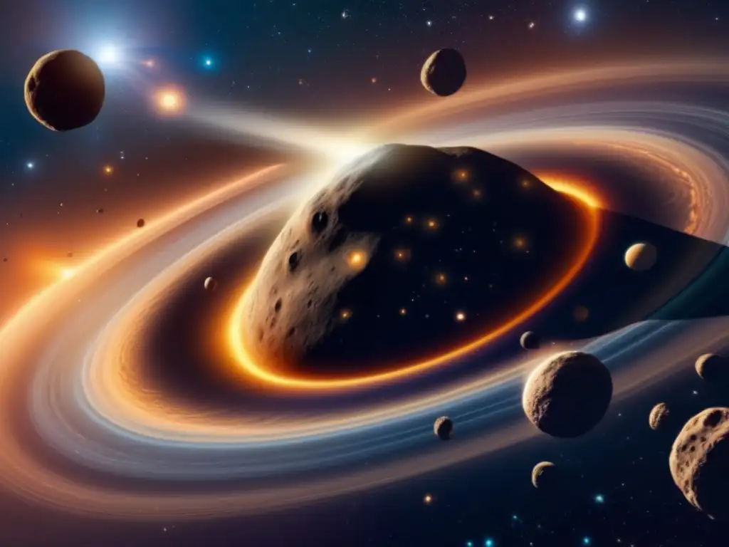 Formación y diferenciación de asteroides Formación y diferenciación de asteroides: imagen ultradetallada muestra escena cósmica con nubes de gas y polvo, discos protoplanetarios, asteroides de diferentes tamaños y composiciones, formas y características únicas