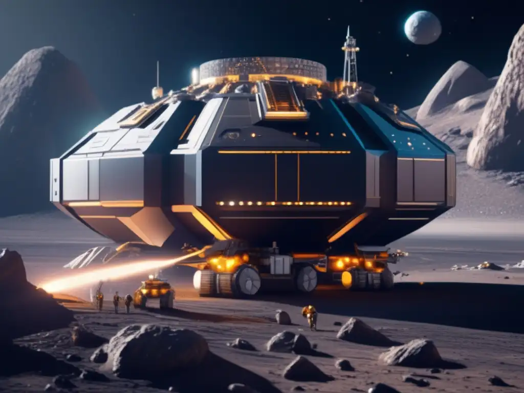 Futuro minero espacial en asteroide Exploración y explotación de asteroides en una imagen ultradetallada de minería espacial futurista